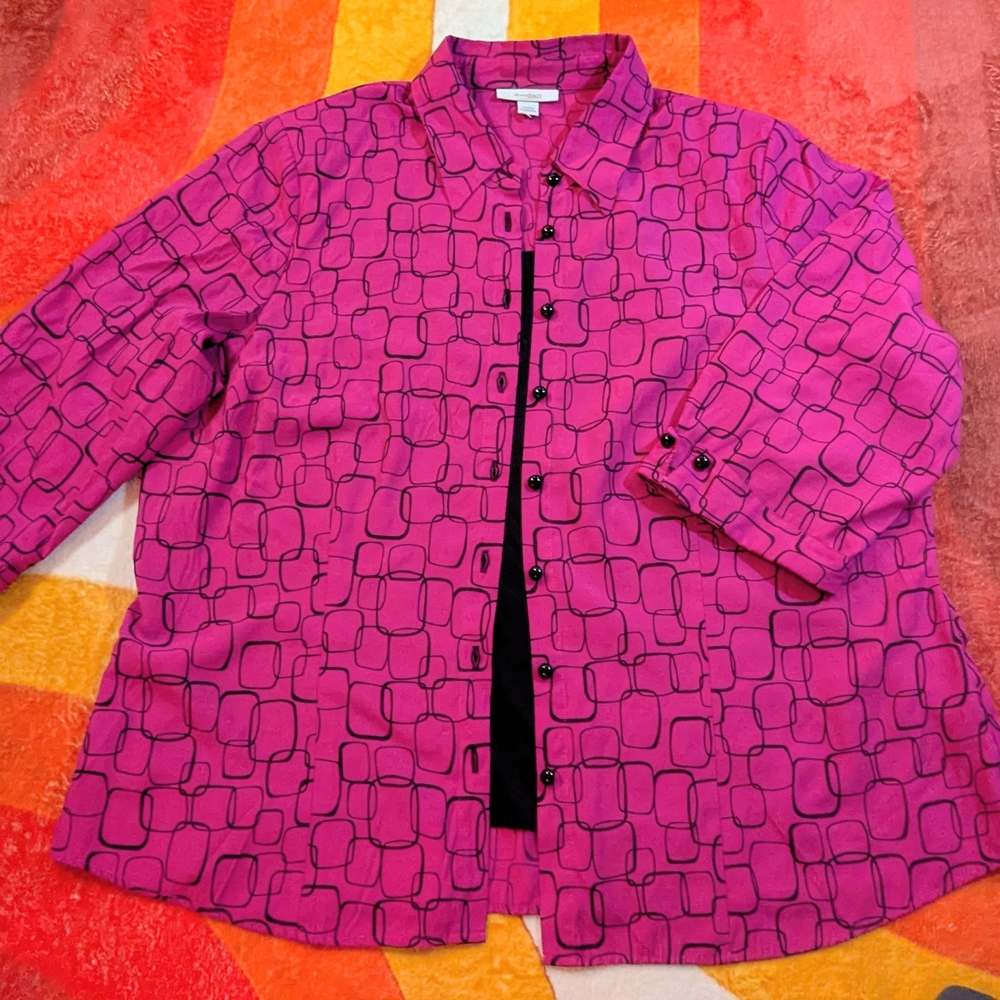 Vintage Dress Barn Pink Fuchsia Black Geometric Women's Shirt w/ Attached Tank